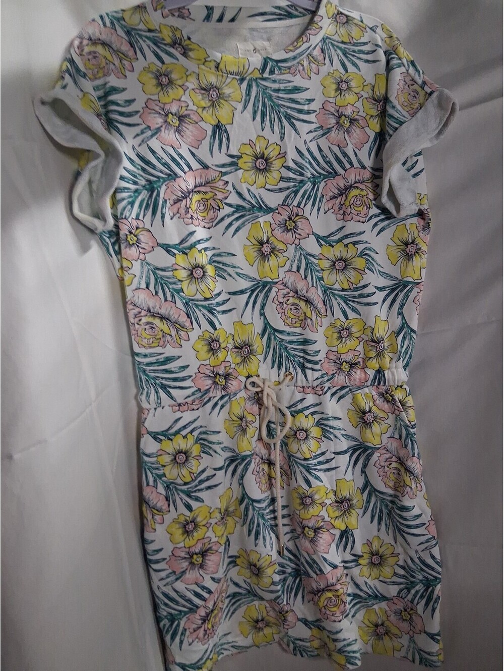 Lou & Grey Floral Sweatshirt Dress Short Sleeve Pink Yellow Size Medium Beach O2